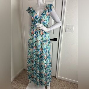 She + Sky Blue and Green Plunge Sundress   A39
